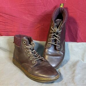 Doc Dr Marten Women's Maelly Leather Boot With Red and Brown Plaid Cuff Size 7